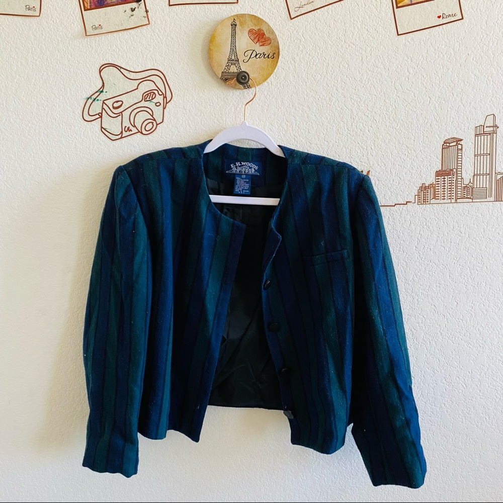 E.H. Woods Blue Green Striped Cropped Button Up Blazer Size 14